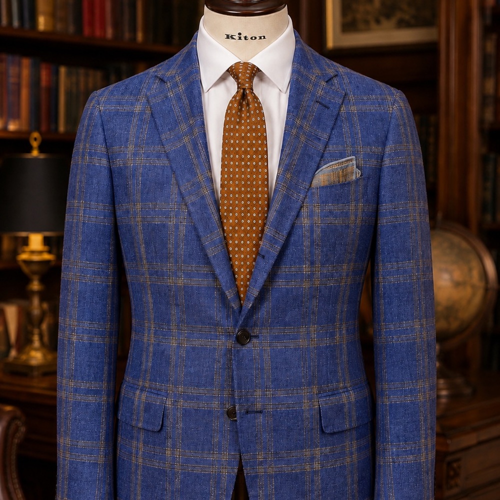 Kiton Blue Cashmere/Linen with Tan Windowpane Accents +Bigi Italian Handmade Tie